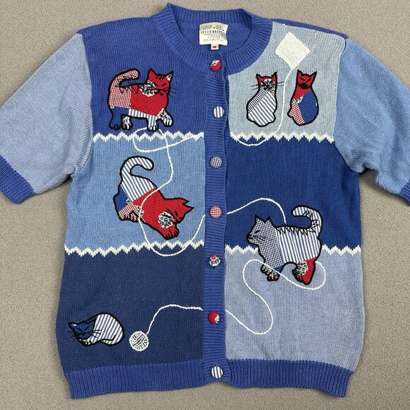 Vtg Susan Bristol Cat Sweater Cardigan Short Sleeve Blue Patchwork 1992 Medium - Picture 3 of 10